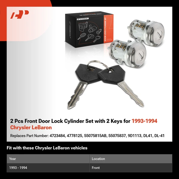 2 Pcs Front Door Lock Cylinder Set with 2 Keys for 1993-1994 Chrysler LeBaron