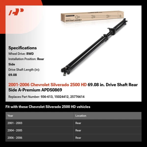 2001-2006 Chevrolet Silverado 2500 HD 69.08 in. Drive Shaft Rear Side A-Premium APDS0869