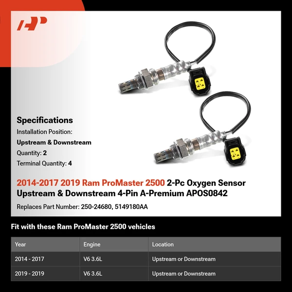 2014-2017 2019 Ram ProMaster 2500 2-Pc Oxygen Sensor Upstream & Downstream 4-Pin A-Premium APOS0842