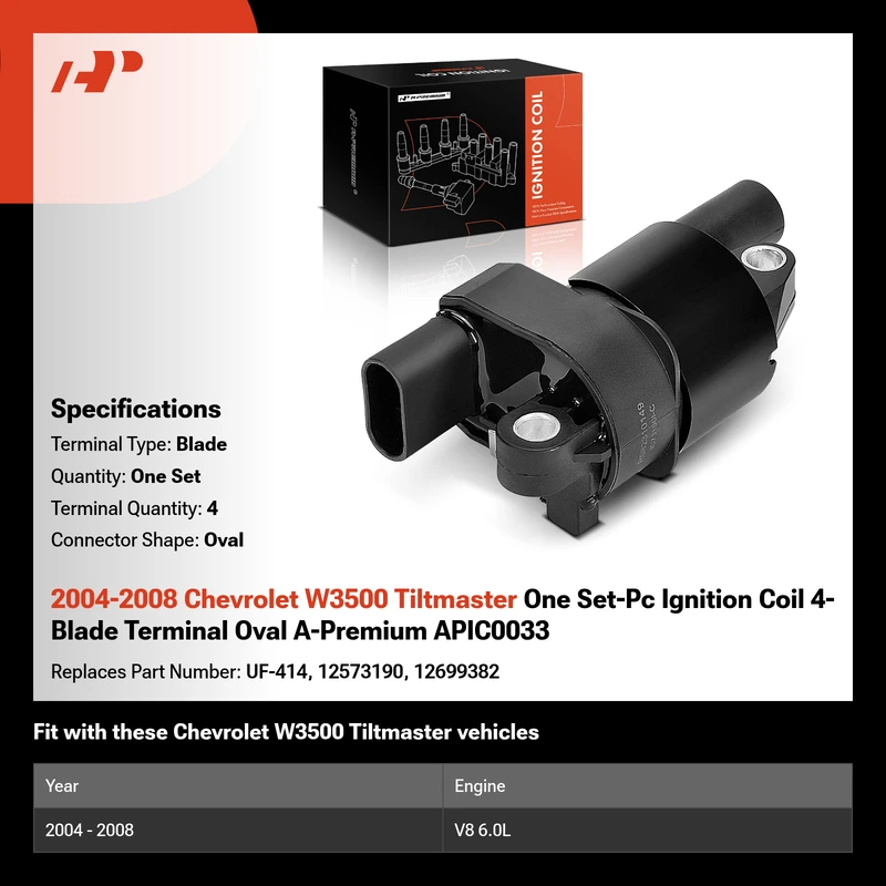 2004-2008 Chevrolet W3500 Tiltmaster One Set-Pc Ignition Coil 4-Blade Terminal Oval A-Premium APIC0033