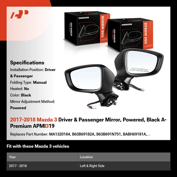 2017-2018 Mazda 3 Driver & Passenger Mirror, Powered, Black A-Premium APMI319