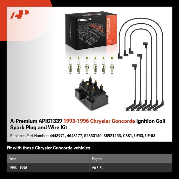 A-Premium APIC1339 1993-1996 Chrysler Concorde Ignition Coil Spark Plug and Wire Kit