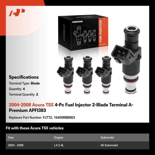 2004-2008 Acura TSX 4-Pc Fuel Injector 2-Blade Terminal A-Premium APFI383