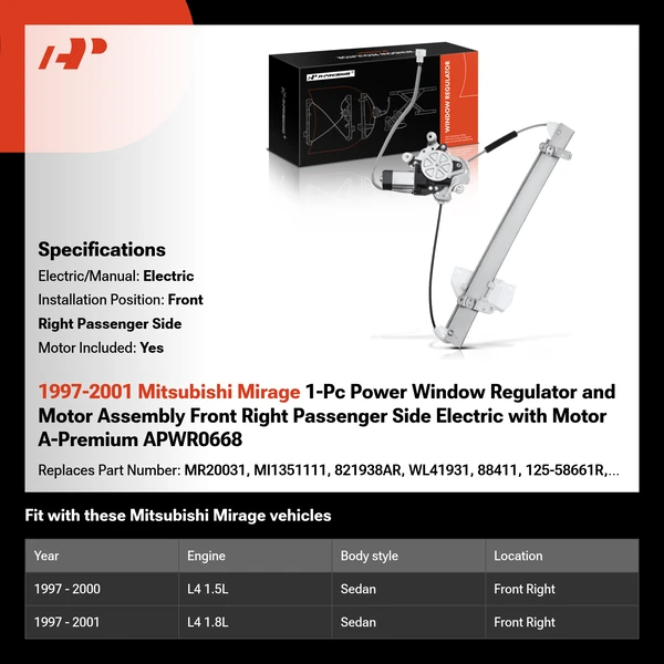 1997-2001 Mitsubishi Mirage 1-Pc Power Window Regulator and Motor Assembly Front Right Passenger Side Electric with Motor A-Premium APWR0668