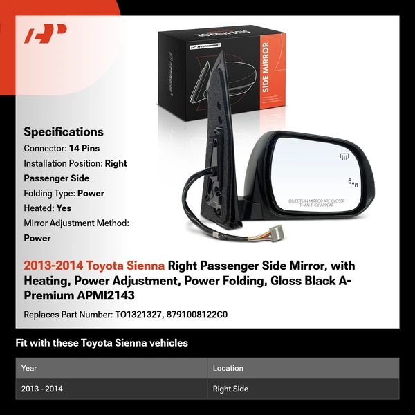 2013-2014 Toyota Sienna Right Passenger Side Mirror, with Heating, Power Adjustment, Power Folding, Gloss Black A-Premium APMI2143