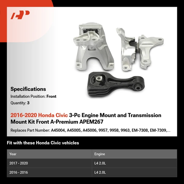 2016-2020 Honda Civic 3-Pc Engine Mount and Transmission Mount Kit Front A-Premium APEM267