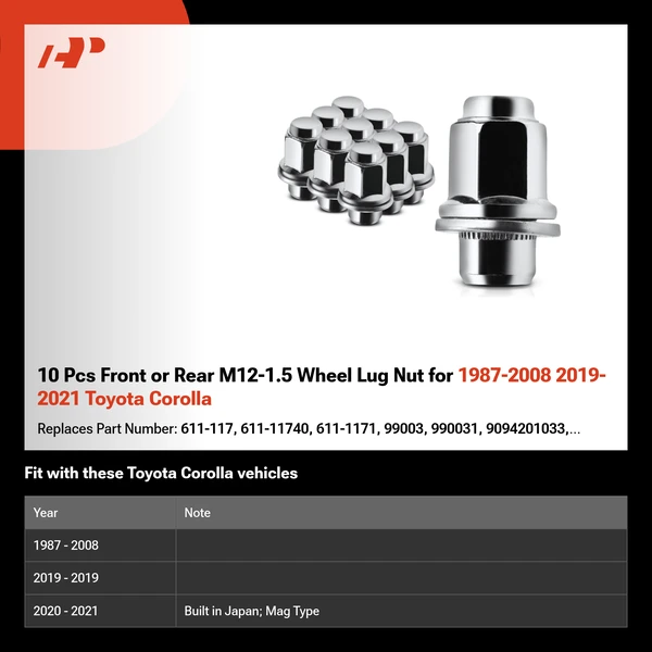 10 Pcs Front or Rear M12-1.5 Wheel Lug Nut for 1987-2008 2019-2021 Toyota Corolla