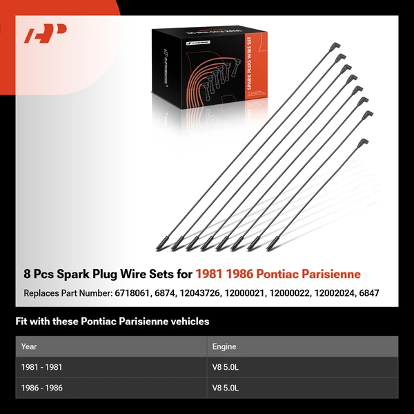 8 Pcs Spark Plug Wire Sets for 1981 1986 Pontiac Parisienne