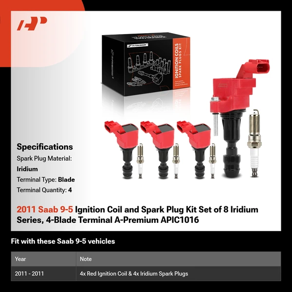 2011 Saab 9-5 Ignition Coil and Spark Plug Kit Set of 8 Iridium Series, 4-Blade Terminal A-Premium APIC1016