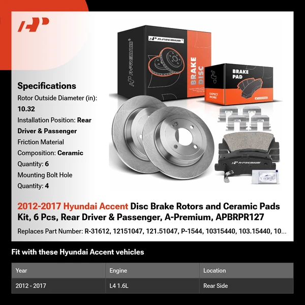2012-2017 Hyundai Accent Disc Brake Rotors and Ceramic Pads Kit, 6 Pcs, Rear Driver & Passenger, A-Premium, APBRPR127