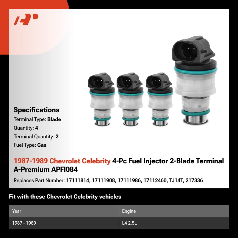 1987-1989 Chevrolet Celebrity 4-Pc Fuel Injector 2-Blade Terminal A-Premium APFI084