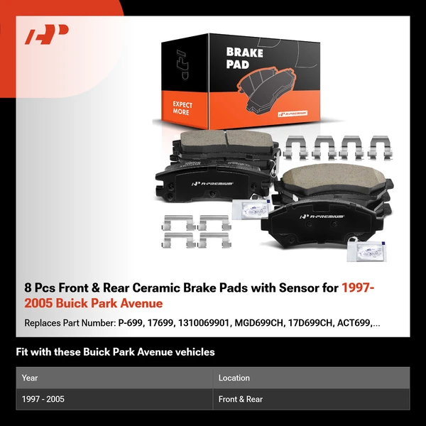8 Pcs Front & Rear Ceramic Brake Pads with Sensor for 1997-2005 Buick Park Avenue