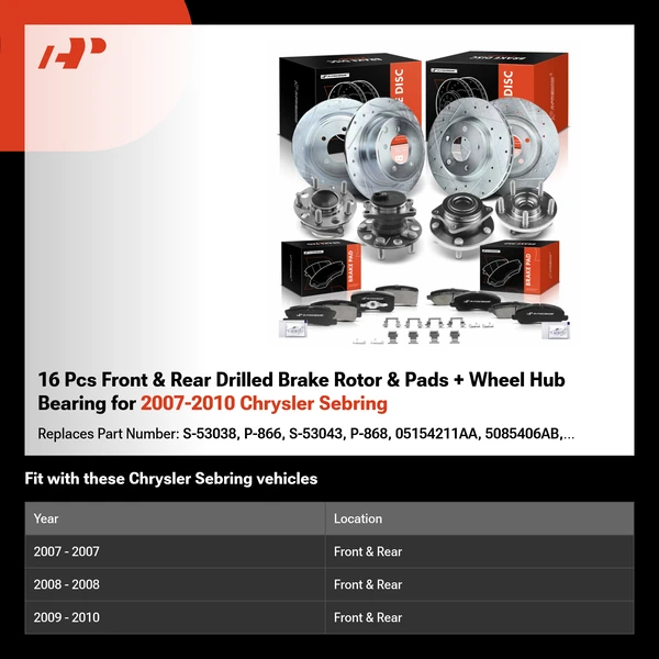 16 Pcs Front & Rear Drilled Brake Rotor & Pads + Wheel Hub Bearing for 2007-2010 Chrysler Sebring