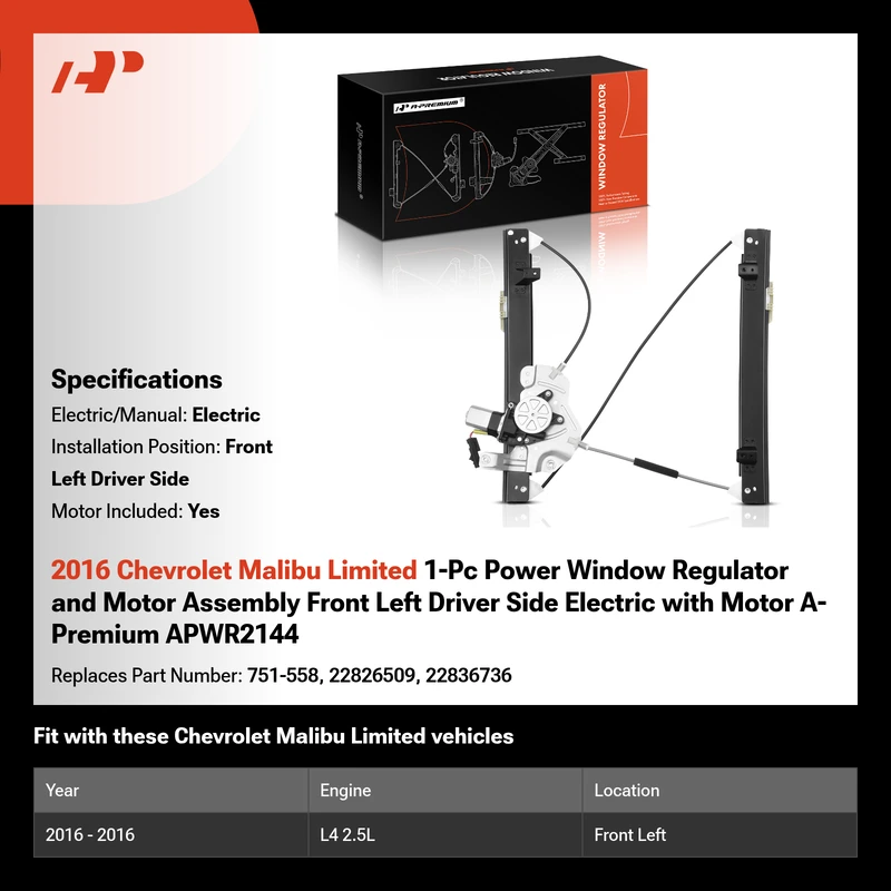 2016 Chevrolet Malibu Limited 1-Pc Power Window Regulator and Motor Assembly Front Left Driver Side Electric with Motor A-Premium APWR2144