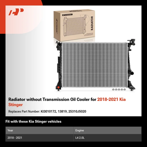 Radiator without Transmission Oil Cooler for 2018-2021 Kia Stinger
