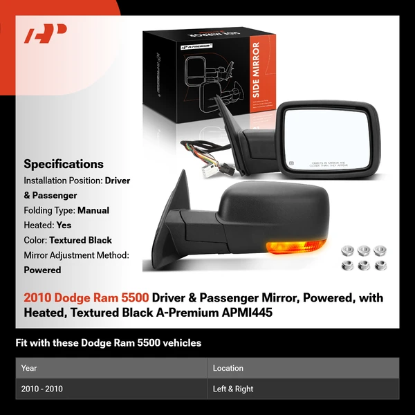 2010 Dodge Ram 5500 Driver & Passenger Mirror, Powered, with Heated, Textured Black A-Premium APMI445