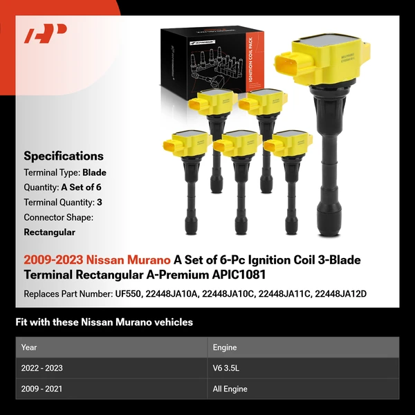 2009-2023 Nissan Murano A Set of 6-Pc Ignition Coil 3-Blade Terminal Rectangular A-Premium APIC1081