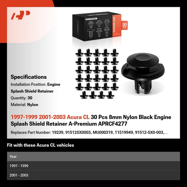 1997-1999 2001-2003 Acura CL 30 Pcs 8mm Nylon Black Engine Splash Shield Retainer A-Premium APRCF4277
