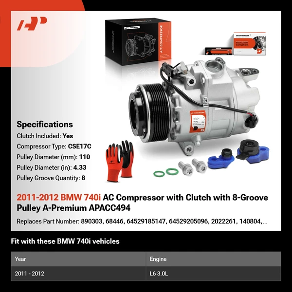 2011-2012 BMW 740i AC Compressor with Clutch with 8-Groove Pulley A-Premium APACC494
