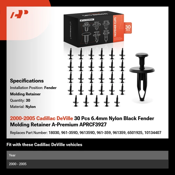2000-2005 Cadillac DeVille 30 Pcs 6.4mm Nylon Black Fender Molding Retainer A-Premium APRCF3927