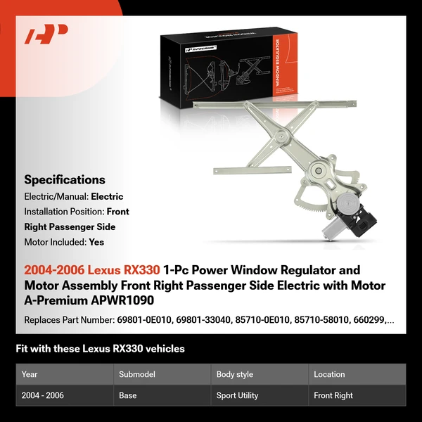 2004-2006 Lexus RX330 1-Pc Power Window Regulator and Motor Assembly Front Right Passenger Side Electric with Motor A-Premium APWR1090