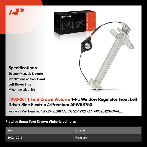 1992-2011 Ford Crown Victoria 1-Pc Window Regulator Front Left Driver Side Electric A-Premium APWR3753