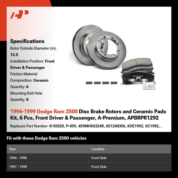 1994-1999 Dodge Ram 2500 Disc Brake Rotors and Ceramic Pads Kit, 6 Pcs, Front Driver & Passenger, A-Premium, APBRPR1292