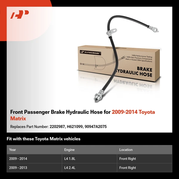 Front Passenger Brake Hydraulic Hose for 2009-2014 Toyota Matrix