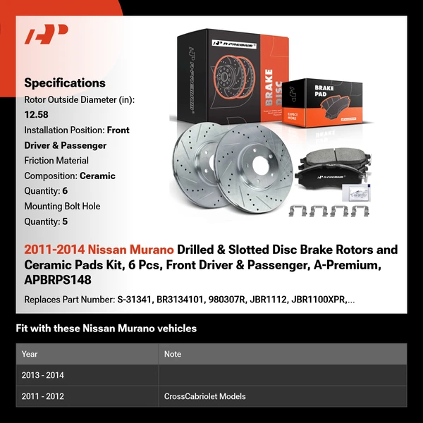 2011-2014 Nissan Murano Drilled & Slotted Disc Brake Rotors and Ceramic Pads Kit, 6 Pcs, Front Driver & Passenger, A-Premium, APBRPS148
