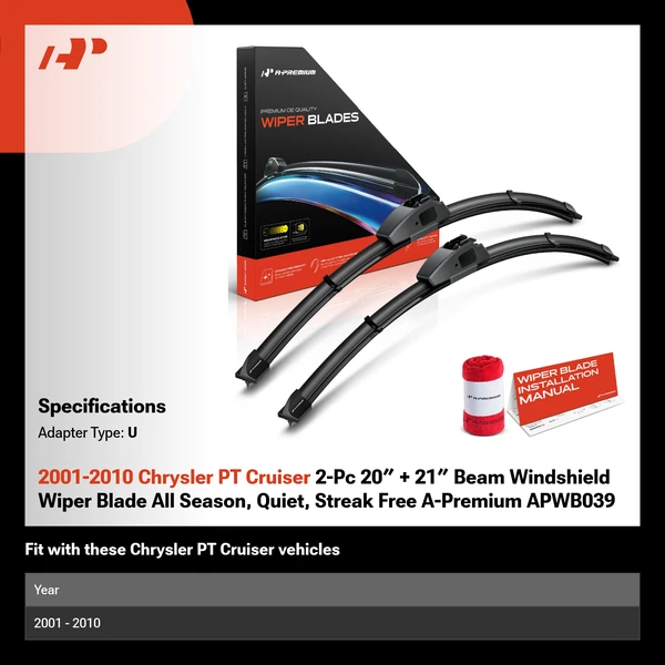 2001-2010 Chrysler PT Cruiser 2-Pc 20″ + 21″ Beam Windshield Wiper Blade All Season, Quiet, Streak Free A-Premium APWB039