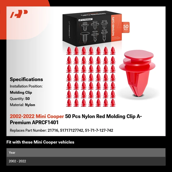 2002-2022 Mini Cooper 50 Pcs Nylon Red Molding Clip A-Premium APRCF1401
