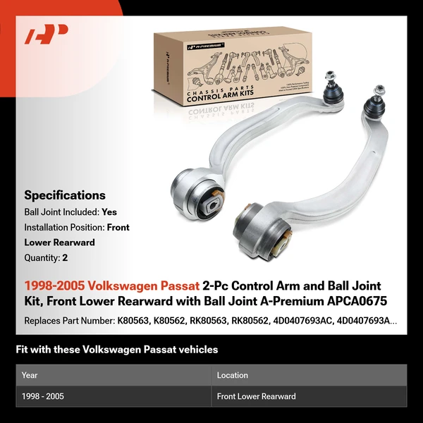 1998-2005 Volkswagen Passat 2-Pc Control Arm and Ball Joint Kit, Front Lower Rearward with Ball Joint A-Premium APCA0675