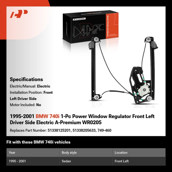 1995-2001 BMW 740i 1-Pc Power Window Regulator Front Left Driver Side Electric A-Premium WR0205