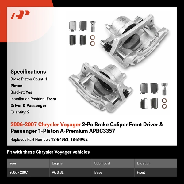 2006-2007 Chrysler Voyager 2-Pc Brake Caliper Front Driver & Passenger 1-Piston A-Premium APBC3357
