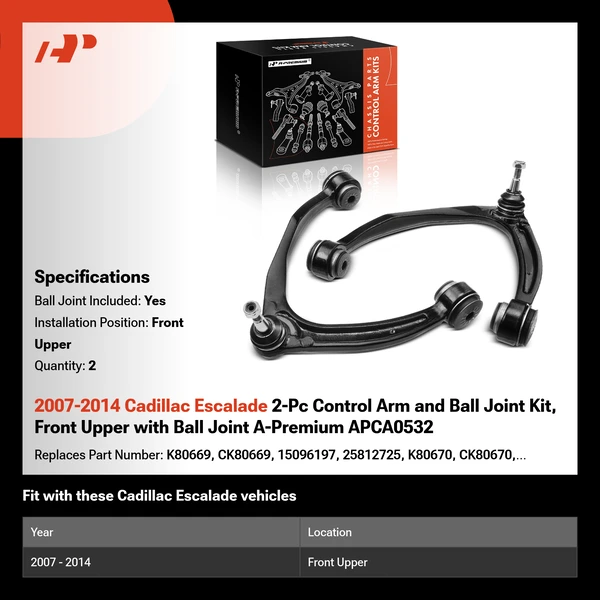 2007-2014 Cadillac Escalade 2-Pc Control Arm and Ball Joint Kit, Front Upper with Ball Joint A-Premium APCA0532