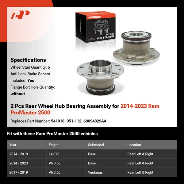 2 Pcs Rear Wheel Hub Bearing Assembly for 2014-2023 Ram ProMaster 2500