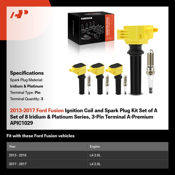 2013-2017 Ford Fusion Ignition Coil and Spark Plug Kit Set of 8 Iridium & Platinum Series, 3-Pin Terminal A-Premium APIC1029