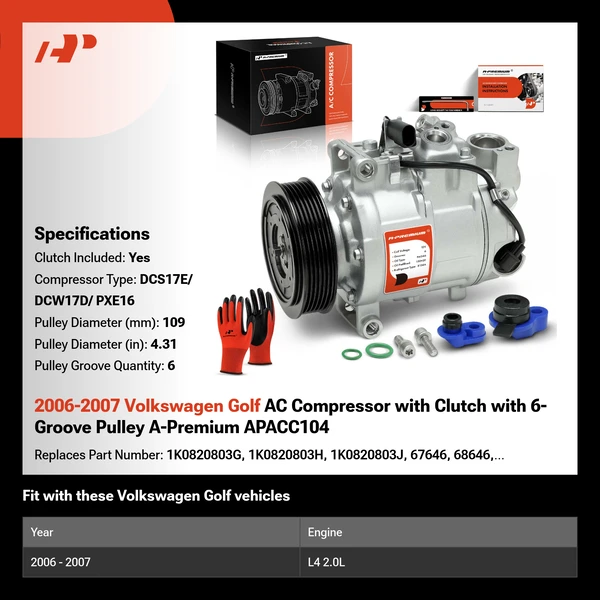 2006-2007 Volkswagen Golf AC Compressor with Clutch with 6-Groove Pulley A-Premium APACC104