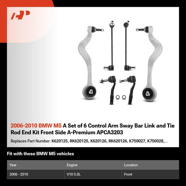 2006-2010 BMW M5 A Set of 6 Control Arm Sway Bar Link and Tie Rod End Kit Front Side A-Premium APCA3203