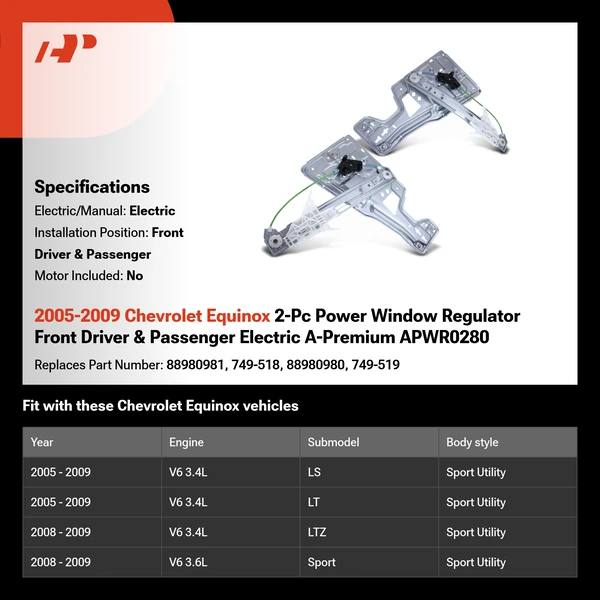 2005-2009 Chevrolet Equinox 2-Pc Power Window Regulator Front Driver & Passenger Electric A-Premium APWR0280