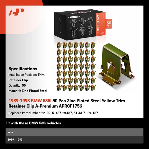 1989-1993 BMW 535i 50 Pcs Zinc Plated Steel Yellow Trim Retainer Clip A-Premium APRCF1756