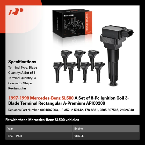 1997-1998 Mercedes-Benz SL500 A Set of 8-Pc Ignition Coil 3-Blade Terminal Rectangular A-Premium APIC0208