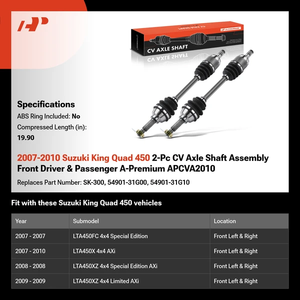 2007-2010 Suzuki King Quad 450 2-Pc CV Axle Shaft Assembly Front Driver & Passenger A-Premium APCVA2010