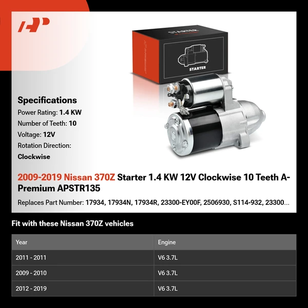 2009-2019 Nissan 370Z Starter 1.4 KW 12V Clockwise 10 Teeth A-Premium APSTR135