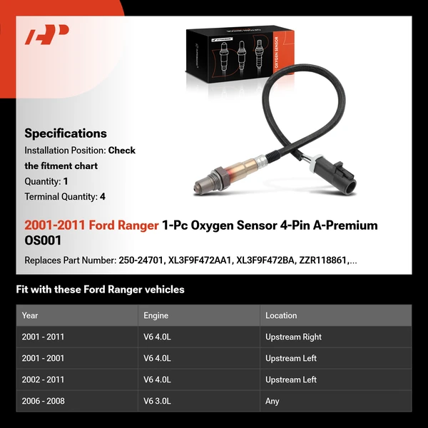 2001-2011 Ford Ranger 1-Pc Oxygen Sensor 4-Pin A-Premium OS001
