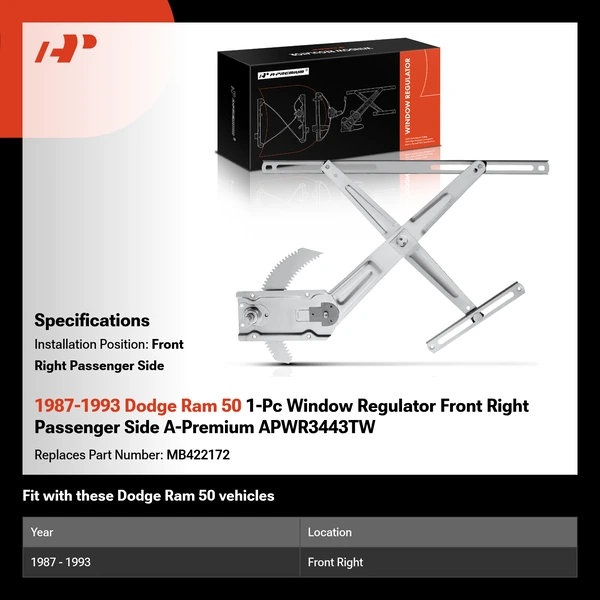 1987-1993 Dodge Ram 50 1-Pc Window Regulator Front Right Passenger Side A-Premium APWR3443TW