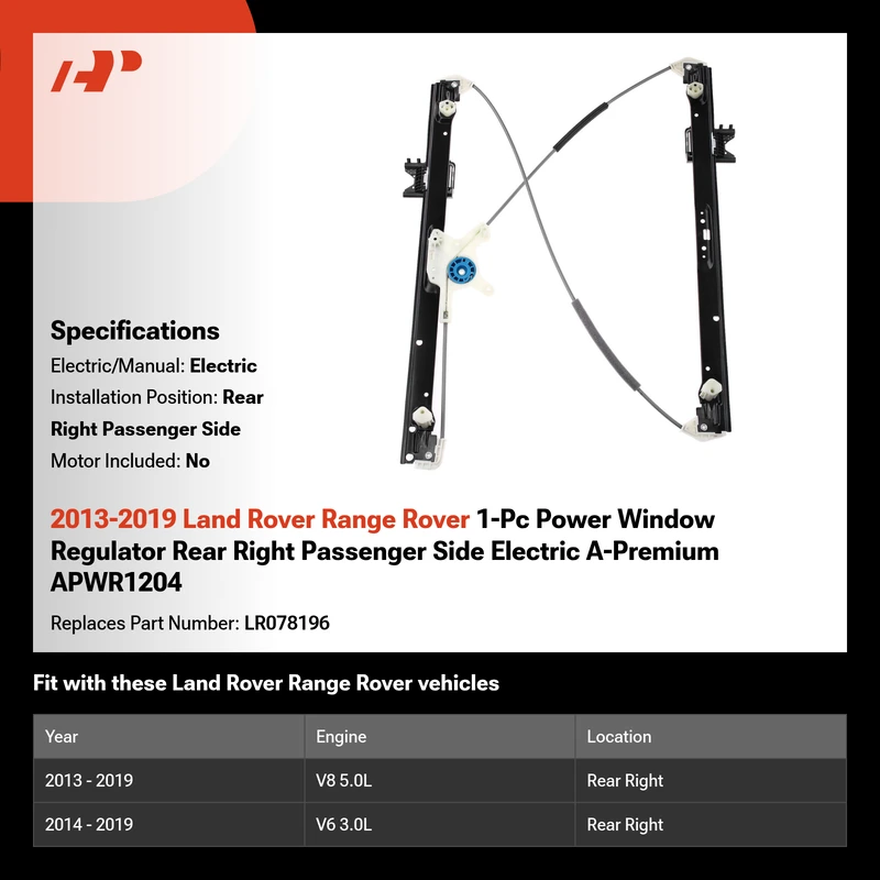 2013-2019 Land Rover Range Rover 1-Pc Power Window Regulator Rear Right Passenger Side Electric A-Premium APWR1204