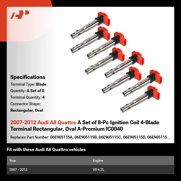 2007-2012 Audi A8 Quattro A Set of 8-Pc Ignition Coil 4-Blade Terminal Rectangular, Oval A-Premium IC0040