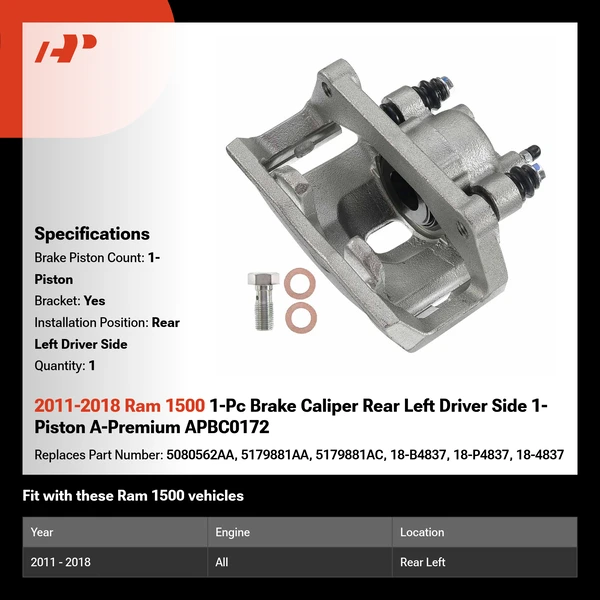 2011-2018 Ram 1500 1-Pc Brake Caliper Rear Left Driver Side 1-Piston A-Premium APBC0172