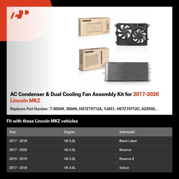 AC Condenser & Dual Cooling Fan Assembly Kit for 2017-2020 Lincoln MKZ